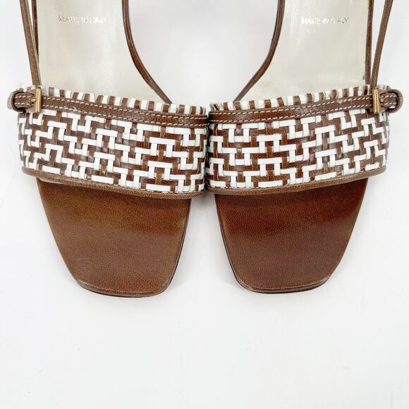 Vintage Prada Brown White Woven Leather Square Toe Slingback Heels IT 36.5 - Picture 6 of 12
